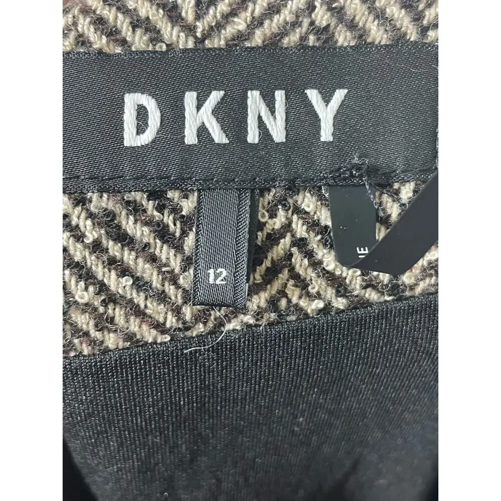 DKNY Asymmetric Hem Herringbone Skirt Knee Length Academia Size 12 Wool Blend